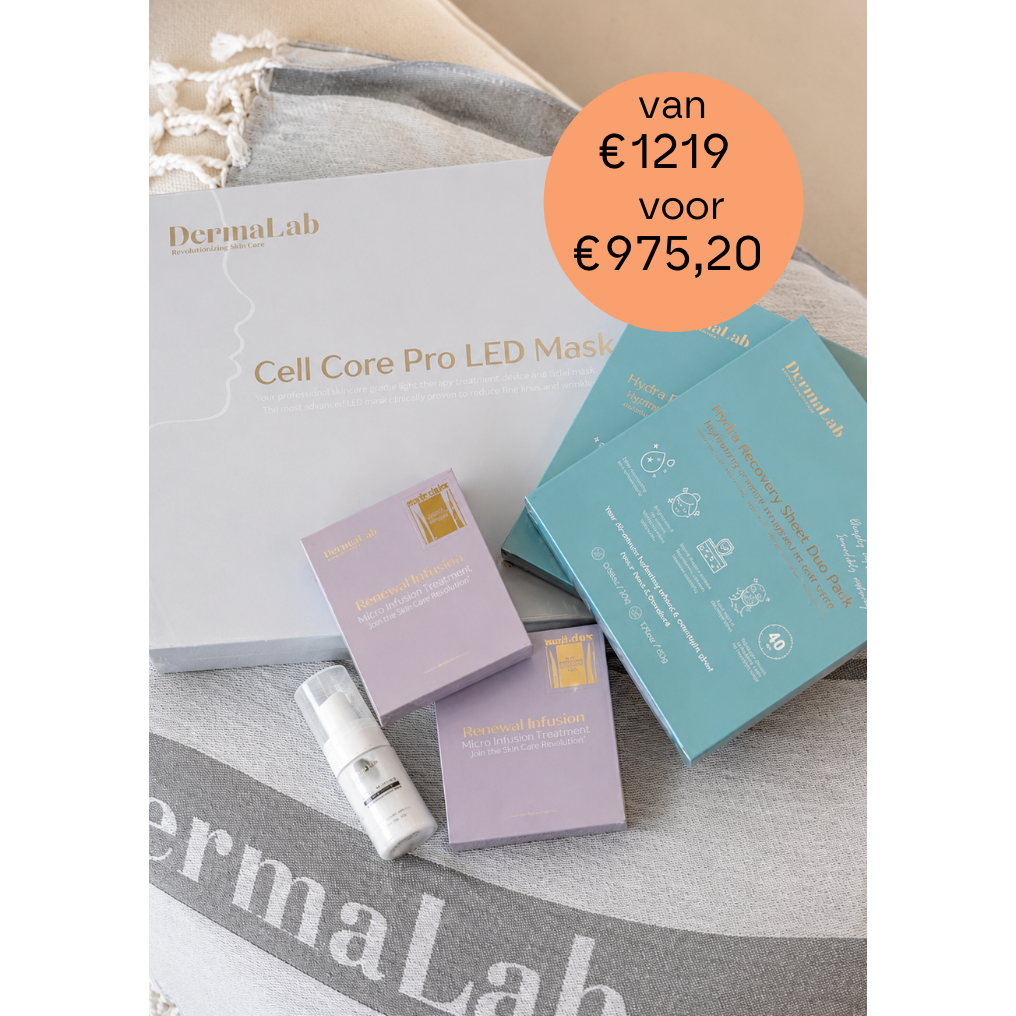 NIEUW! Dermalab Glow & Renew Set: Led Masker + 2x Renewal Micro Infusion, 2x Hydra Recovery Sheet Mask, Travelsize Cleanser + Beachtowel