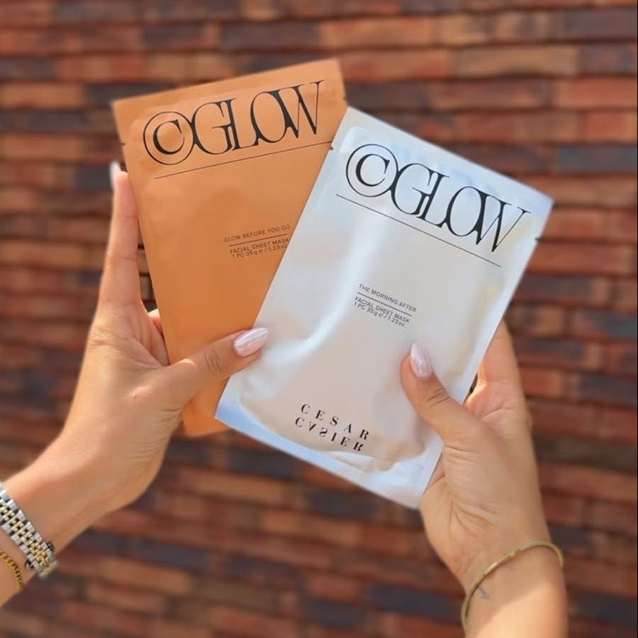 NIEUW! Cesar Casier C-GLOW SET: Glow Before You Go + The Morning After Hydrogel Facial Sheet Mask - 2x 4 stuks (uitlevering vanaf 25/8)