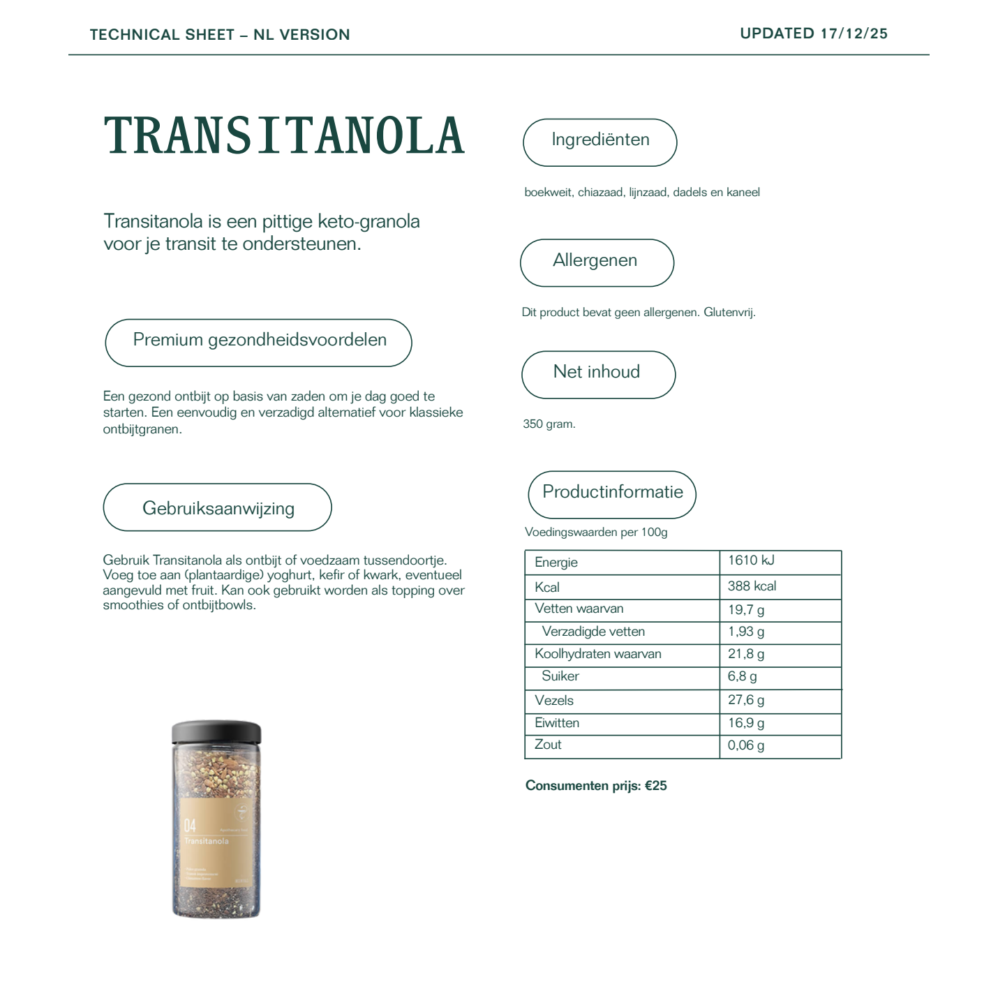 Insentials Transitanola - Keto Granola - 125 gram